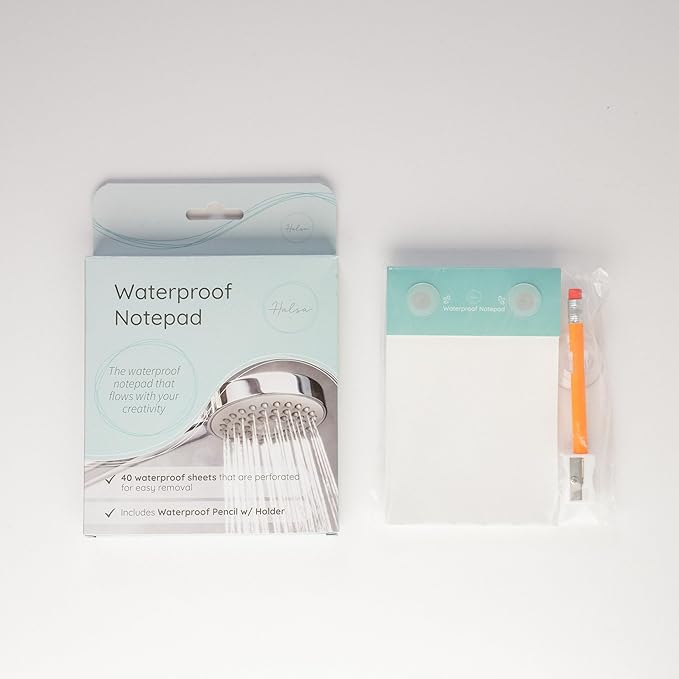 Halsa Waterproof Shower Notepad with Pencil, Sharpener & Suction Cups – 40 Sheets for Waterproof Writing – Capture Ideas in the Shower – Ideal for Bathroom, Office, or Travel