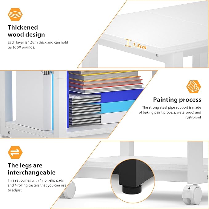 Under Desk Printer Stand, 2-Tier 19.5''x 16''x 22'' Rolling Printer Stand Storage Shelves for Printer, Scanner, Fax Machine, Files, Books with Anti-Skid Feet for Home, Office, White