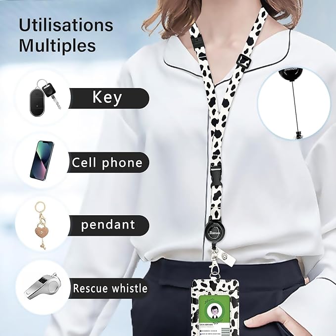 bolimoss Cow Print Lanyards for ID Badges Holder, Leather ID Name Badge Card Holder with Adjustable Retractable Lanyard,Quick Release Buckle & Safety Breakaway Lanyards with Swivel Metal Clasp