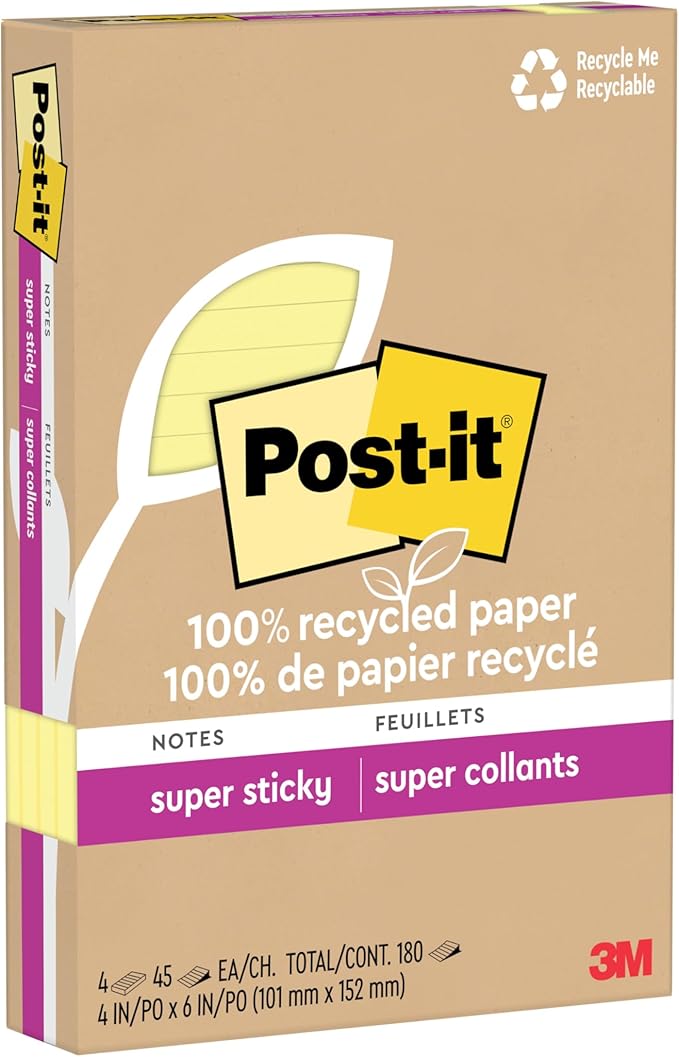 Post-it 100% Recycled Paper Super Sticky Notes, Canary Yellow, Lined, 4 in. x 6 in., 4 Sticky Note Pads, 45 Sheets per Pad, School Supplies and Office Products