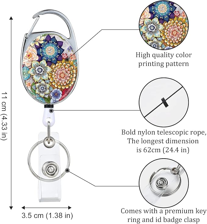 3 Pack Badge Reels Retractable，Double Sided Color Print Pattern Retractable Badge Holders，with Retractable Keychain, Badge Clip and Key Ring，Durable Nylon Retractable Rope
