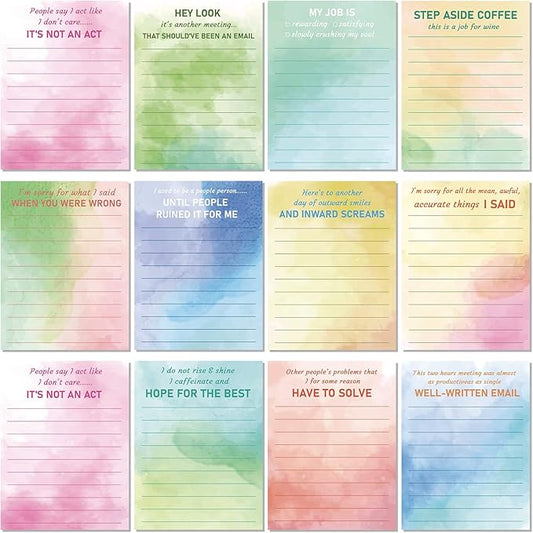 Funny Notepads with Sayings Sticky Funny Office Supplies to Do List Sarcastic Work Assorted Notepad for Workers, 12 Designs, 3 x 3.93 Inch(Watercolor Style)