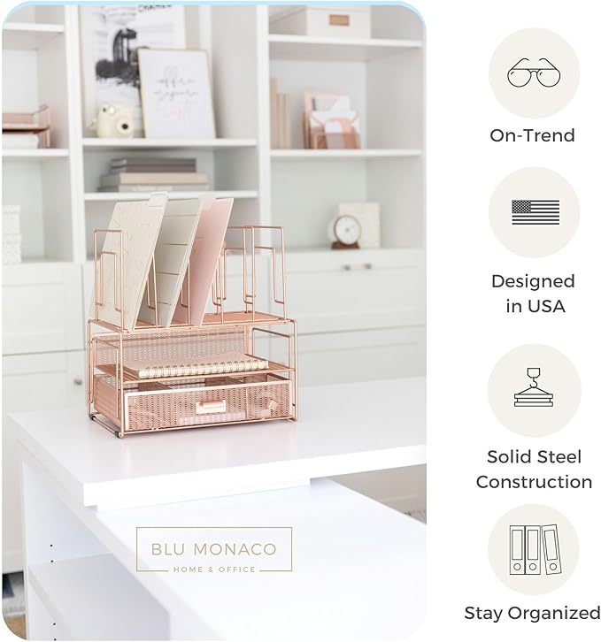 BLU MONACO Workspace Rose Gold Desk Organizers and Storage Accessories Desktop Rack File Organizer with File sorters and Drawer for Office Supplies - Cute Desk Organizer