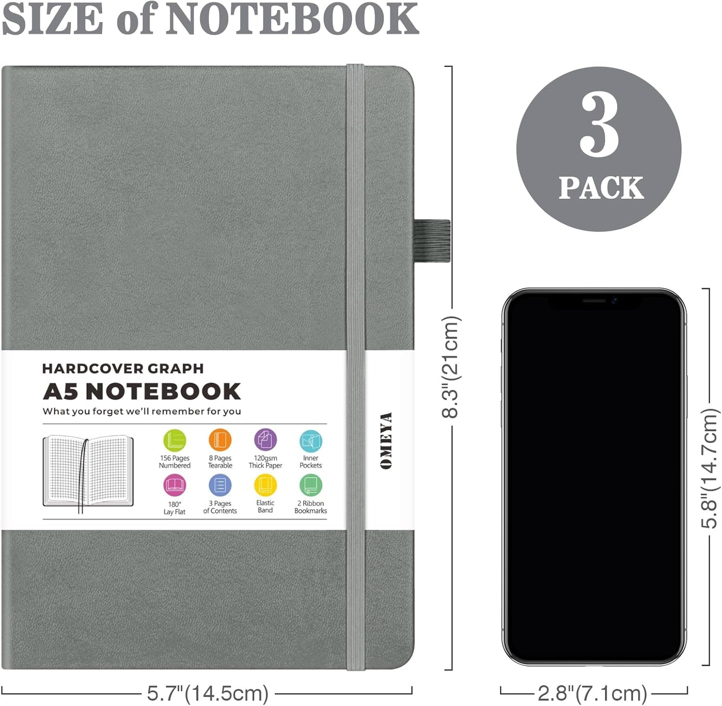 Graph Paper Notebook 3 Pack, A5 Grid Notebook Journal, Graph Notebook with 120gsm Paper, Hardcover Leather Journal for Writing, Grid Paper Notebook for Work, School Supplies, Engineering,5.75" x 8.38"