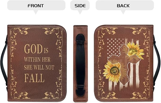 Lotusorchid Bible Case with Verse for Women Girls, Zippered PU Bible Book Cover with Handle Pocket Sunflower Pattern, Portable Durable Bible Cover Case Bible Cover Carrier Carrying Organizer Bag,XL