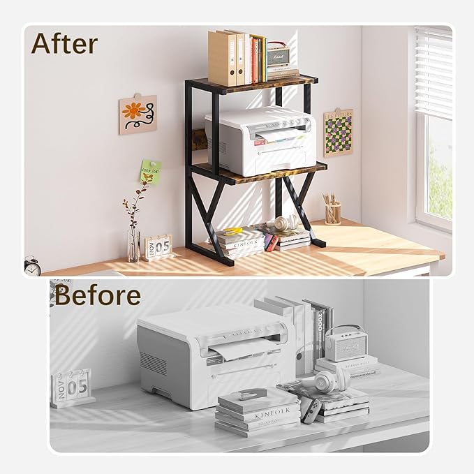 aboxoo Desktop Printer Stand with 3 Tier Wood Storage Shelves,Under Desk Printer Table,Multi-Purpose Home Office Desk Organizer for Fax Machine, Scanner (Brown)