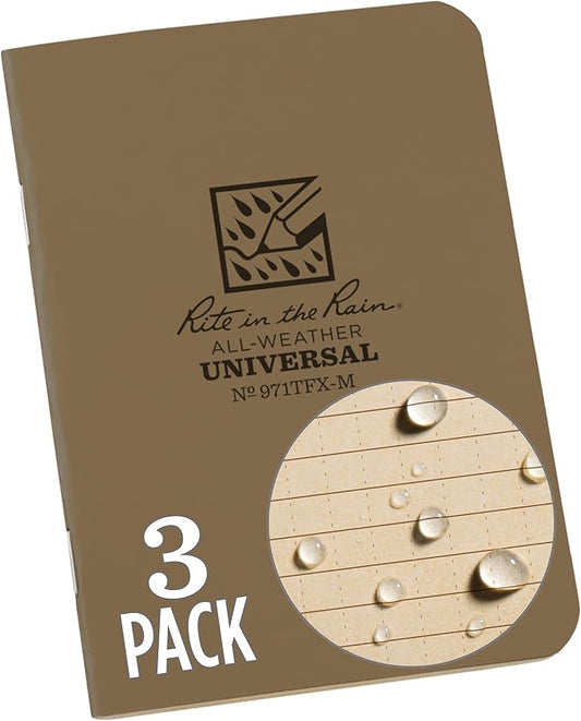 Rite in the Rain Weatherproof Mini-Stapled Notebook, 3 1/4" x 4 5/8", Tan Cover, Universal Pattern, 3 Pack (No. 971TFX-M)
