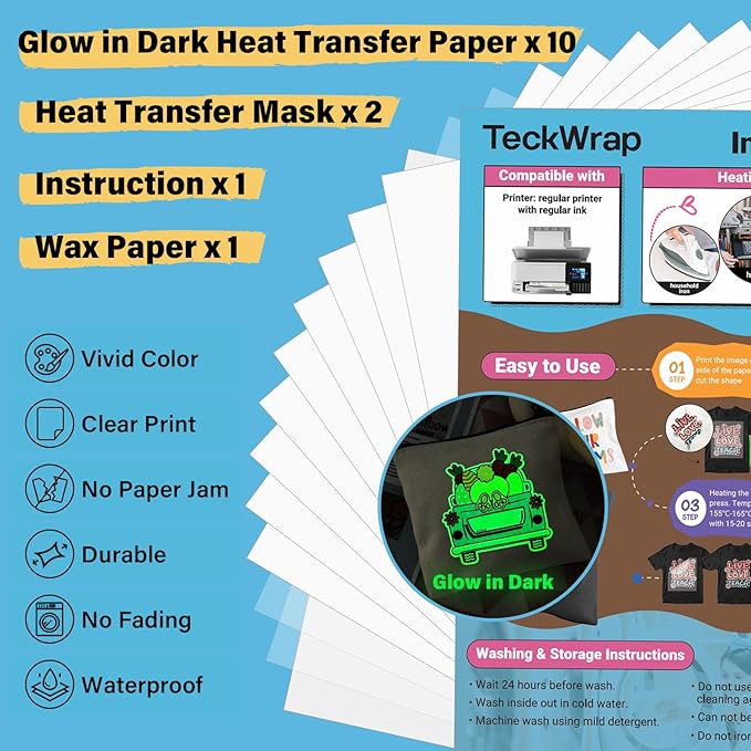TECKWRAP Printable Heat Transfer Paper for T-Shirts 10 Sheets, 8.3" X 11.7" Printable Heat Transfer Vinyl for Inkjet Printer, Iron on Transfer Paper for Light and Dark Fabric (Glow in Dark)