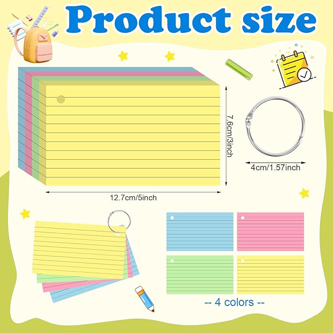 Colored Index Cards 3x5 Inches Flash Cards with Ring Lined Flashcards Note Cards for Studying School Supplies College, 200 Count