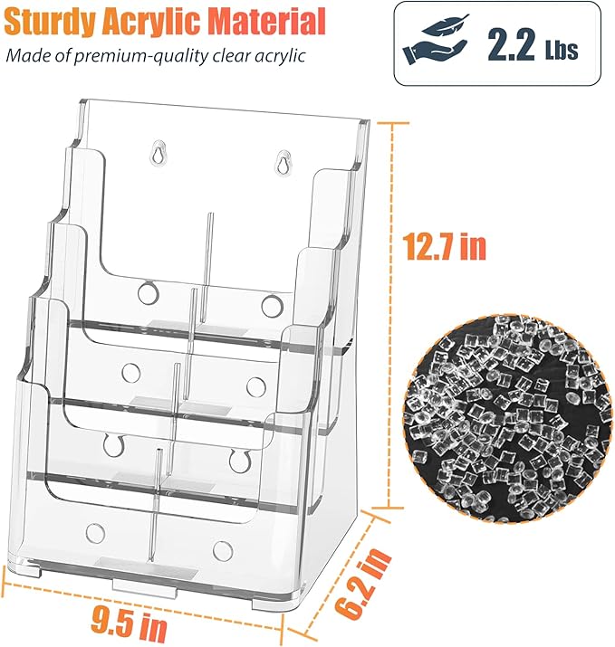 Acrylic Brochure Holder 8.5x11 & 4 x9 Inches, Clear 4 Tier Magazine Holder Brochure Display Stand w Removable Divider, Literature Pamphlet Flyer Holder for Wall Mount or Countertop