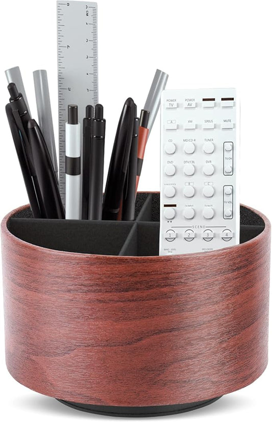 Hennaja Round Leather Art Supply Organizer,Remote Control Holder,360 Degree Spinning,Multi-Functional Pencil Holder,4 Compartments Desktop Stationary Organizer(1-Light Brown2)
