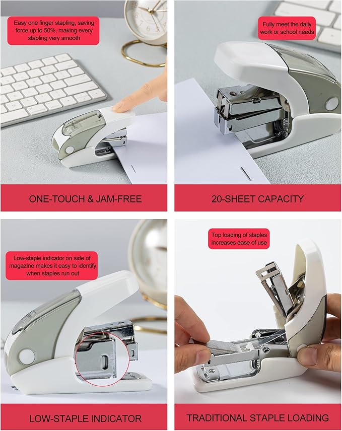 PAPERPAL Effortless Mini Stapler Set, 20 Sheet Capacity, Integrated Remover & Staple Storage, Holds 1/4" Staples, Includes 1000 Staples, Lightweight, Office, School & Daily Use, White