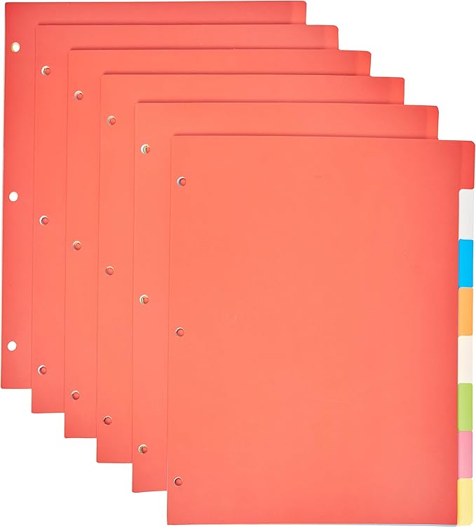Amazon Basics Durable Multicolor 3-Ring Binder Plastic Divider Set with Tab Labels, 3-Hole Punched Letter Size 8-Tab Dividers, for School and Organization, 6 Pack, Assorted Colors