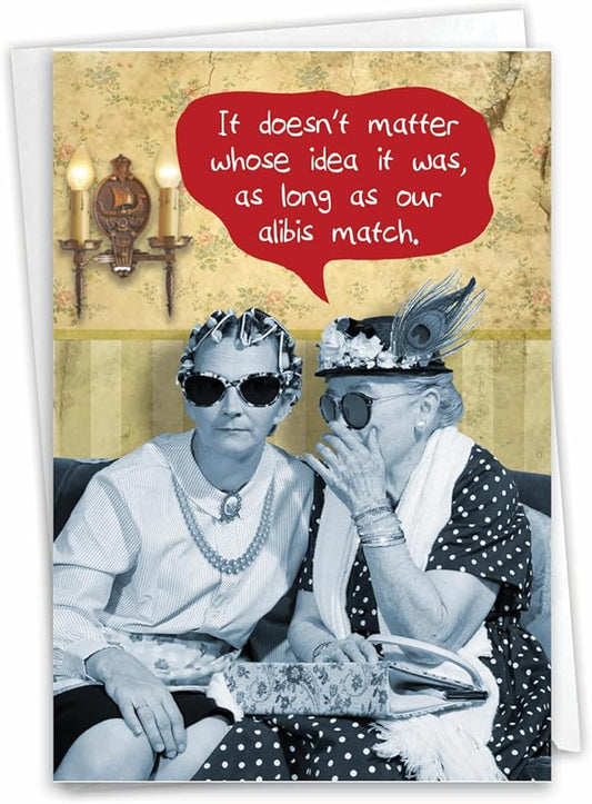 NobleWorks - 1 Funny Happy Birthday Greeting Card - Retro Old Woman Humor, Notecard Talk Bubbles - Matching Alibis C3537BDG