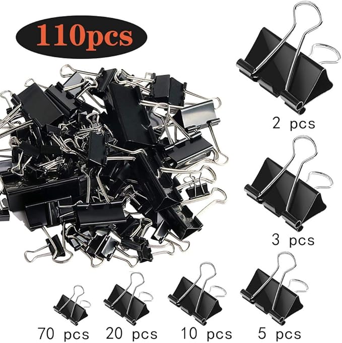 SANNIX 110 PCS Binder Clips Assorted Sizes, X Large, Large, Medium, Small, Mini and Micro, Binder Clips Paper Clamps for Office Home School