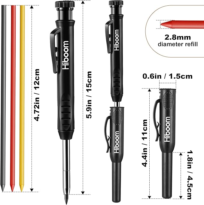 Hiboom 3 Pack Carpenter Pencils with 24 Refills (Red, Black, Yellow), 2.8 mm Heavy Duty Woodworking Marking Tool Built in Sharpener Ideal for Marking on Solid Long Nosed Deep Hole(Black)