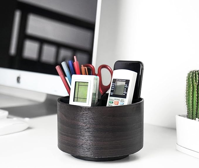 Hennaja Round Leather Art Supply Organizer,Remote Control Holder,360 Degree Spinning,Multi-Functional Pencil Holder,4 Compartments Desktop Stationary Organizer(1-Dark Brown2)