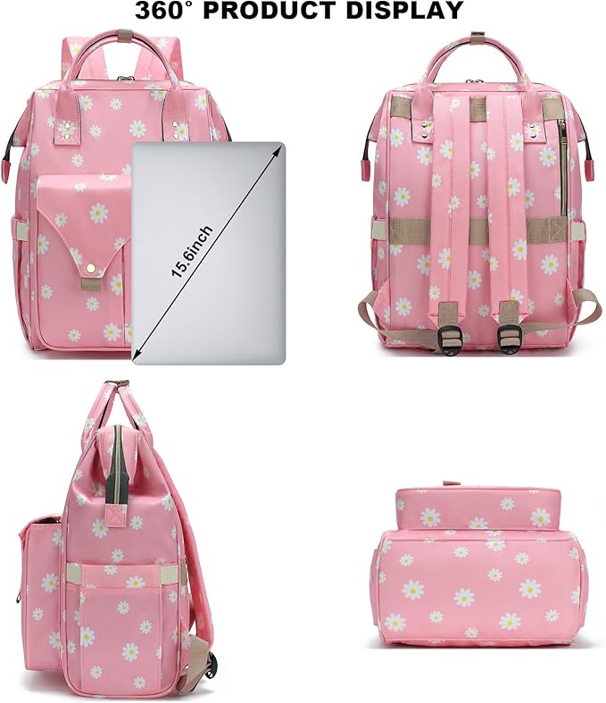 Flowers Laptop Backpack College School Backpack Bookbags Nurse Backpacks Travel Bags for Women Girls Fits 15.6 Inch Notebook (Daisy Pink)