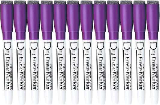 Volcanics Magnetic Dry Erase Markers With Eraser Cap Whiteboard Markers Low Odor Fine Tip Whiteboard Pens for Kids, Pack of 12, Purple