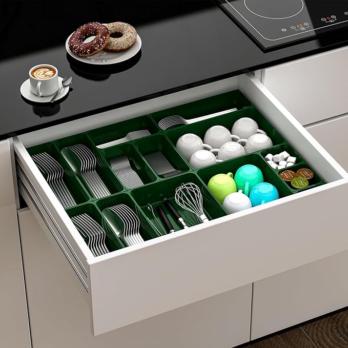 25 pc Plastic Drawer Organizer Set,4 Size Small Storage Containers for Organizing Jewelry,Utensil,Junk,Tea,Makeup,Shallow Drawer Organizers Tray Suitable for Office,Desk,Bathroom,Vanity,Kitchen,Green