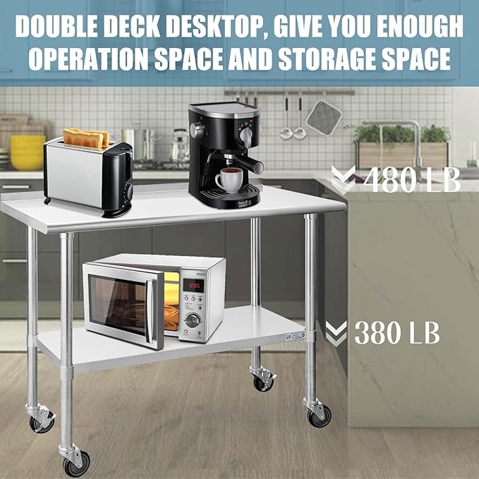 HALLY Stainless Steel Table for Prep & Work 24 x 48 Inches with Caster Wheels, NSF Commercial Heavy Duty Table with Undershelf and Backsplash for Restaurant, Home and Hotel