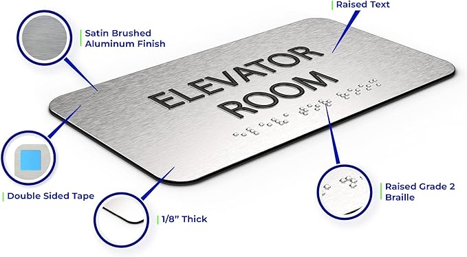 ADA Elevator Room Sign for Business - Office Signs, Aluminum Brushed Silver, Tamper-Proof, Heavy Duty Mounting Tape, Easy Install, Office Décor, ADA Compliant, Grade 2 Braille (7” W x 4” H) ADASigns.org