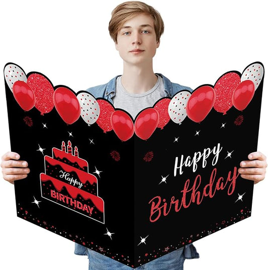 Jumbo Birthday Card with Envelope, Giant Guest Book Happy Birthday Greeting Cards, Large Birthday Card Gifts Party Supplies, Red Black Extra Big Birthday Card Decor