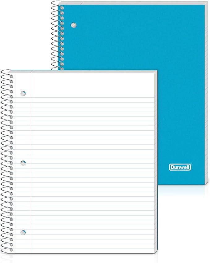 Dunwell 3 Subject Notebook College Ruled (Blue), 150 Sheets (300 Pages), Spiral Notebook 8.5 x 11, Plastic Cover, 3 Pocket Divider Folders, 3-Hole Punched Perforated Paper