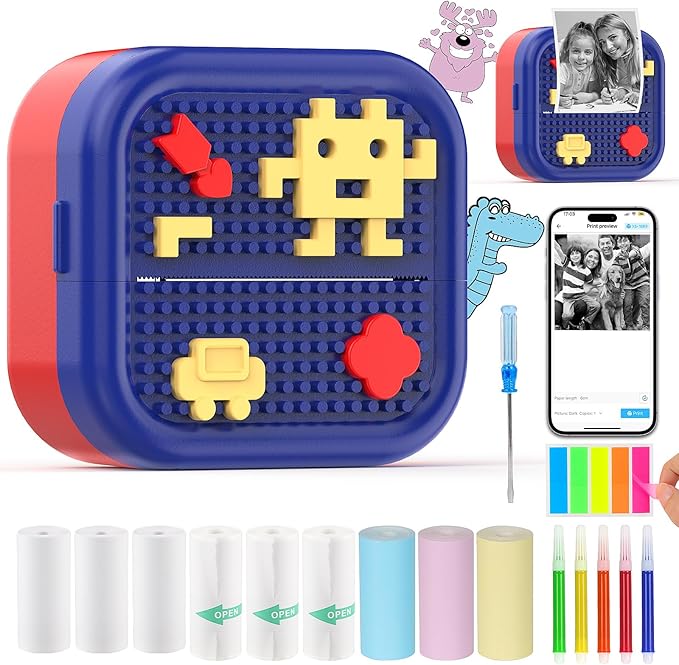 Mini Sticker Printer Building Block Bluetooth Smart Pocket Inkless Thermal Printer with 10 Rolls Paper,Colored Pen＆Sticker for iOS&Android,Portable Receipt Printer for Photo Journal Notes Memo