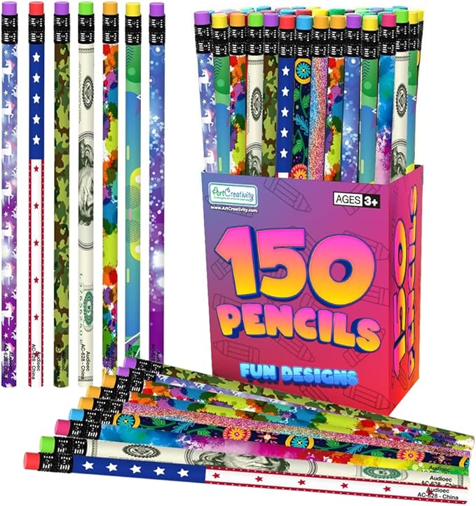 ArtCreativity 150 PC Pencil Assortment for Kids, Fun Assorted Number 2 Pencils, Bulk Wooden Writing Pencils with Erasers, Teacher Supplies for Classroom, Student Reward, Stationery Party Favors