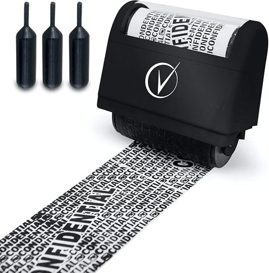 Identity Theft Protection Roller Stamps Wide Kit - Confidential Roller Stamp, Anti Theft, Privacy & Security Stamp, Designed for ID Blackout Security - Classy Black with 3 Refills
