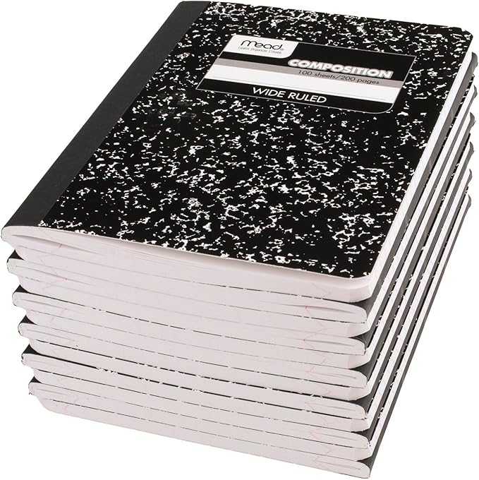 Mead Composition Notebooks, 12 Pack, Wide Ruled Paper, 9-3/4" x 7-1/2", 100 Sheets per Comp Book, Black Marble (72936)