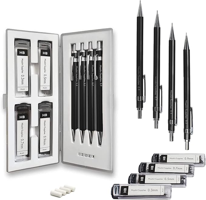 MozArt Mechanical Pencil Set with Case - 4 Sizes: 0.3, 0.5, 0.7 & 0.9mm with 30 HB Lead Refills Each & 4 Eraser Refills -Sketch, Drafting, Art, Drawing Supplies (Black)
