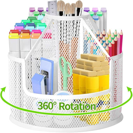 Sturdy Rotating Pen Holder, Cute Metal Pencil Holder, Large Mesh Pen Organizer for Desk, Premium Friendly Office Desk Accessories & Workspace Organizers Pearl White