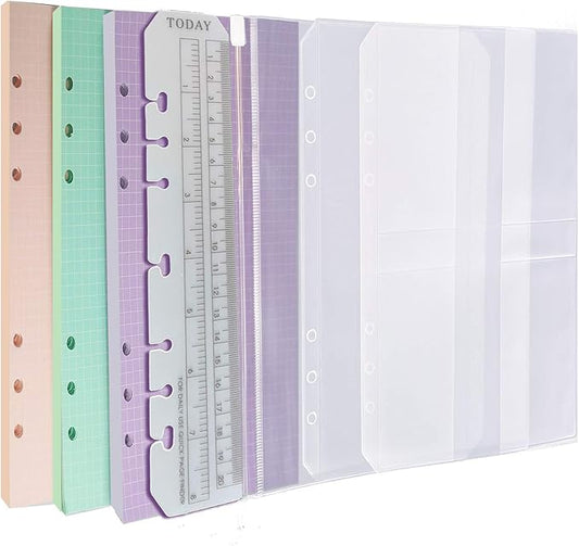 Chris.W A5 Refills Paper, 3 Pack 40 Sheets A5 Colorful Grid Binder Paper, 3 Pcs Binder Pockets, 1 Page Marker - 6 Hole Notebook Inserts for 6 Ring Refillable A5 Binder Notebook Planner