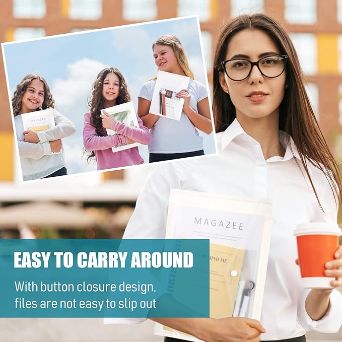 Zhehao 100 Pcs Clear Envelopes with Snap Button Closure A4 Letter Size Plastic Envelope Folder Poly Document File Folders for home Office(Clear,Simple Style)