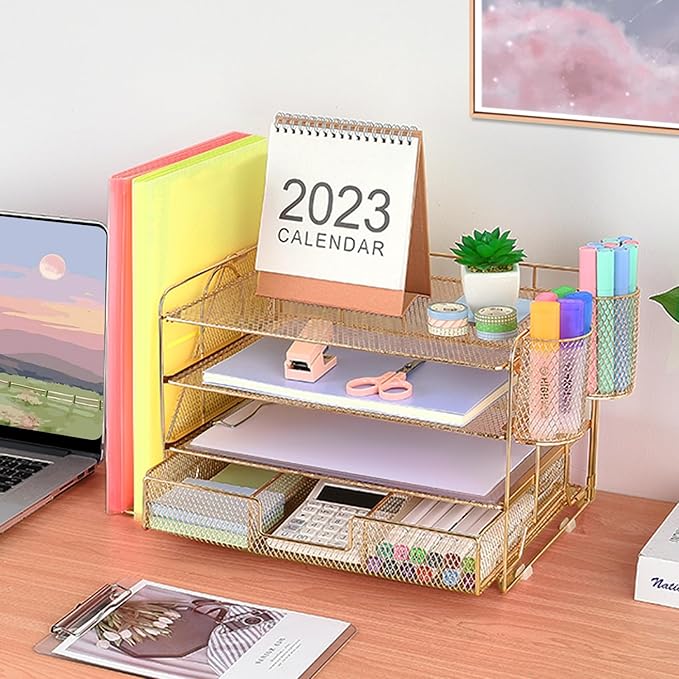 Desk Organizers and Accessories, Desk Accessories & Workspace Organizers for Office Supplies, File Organizer Desk Drawer Organizer with 2 Pen Holders, 4 Tier Paper Organizer for Desk (Gold)