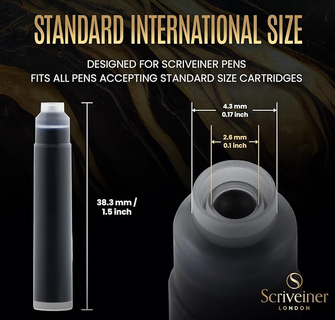Scriveiner Fountain Pen Ink Cartridges - Black - 20 Standard International, Made in UK, The Best Cartridge for Your Scriveiner Pen, Refill Size Fits A Wide Range of Fountain Pens