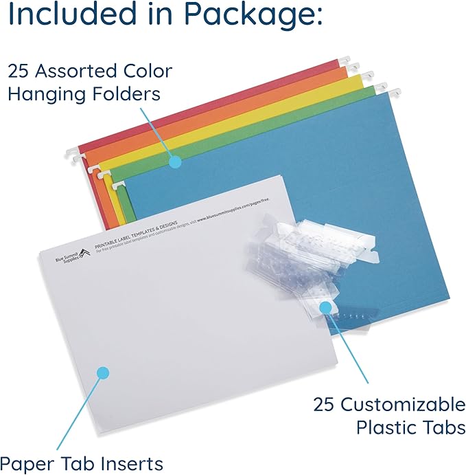 25 Blue Summit Supplies Assorted Colored Hanging File Folders Letter Size with Plastic Tabs, 12pt Paper Construction, Durable for Office Filing