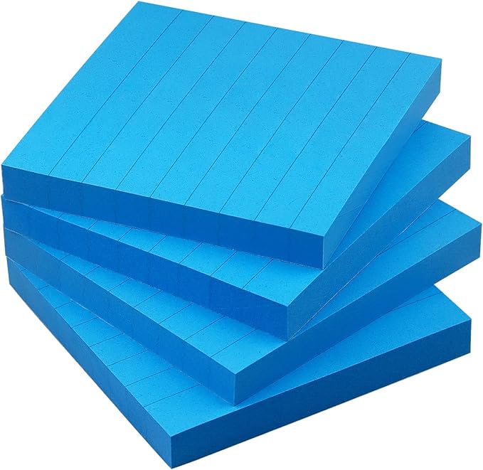 Lined Sticky Notes 3x3 Sticky Notes with Lines Self-Stick Notes Bright Color 4 Pads 90 Sheets/Pad (Blue)