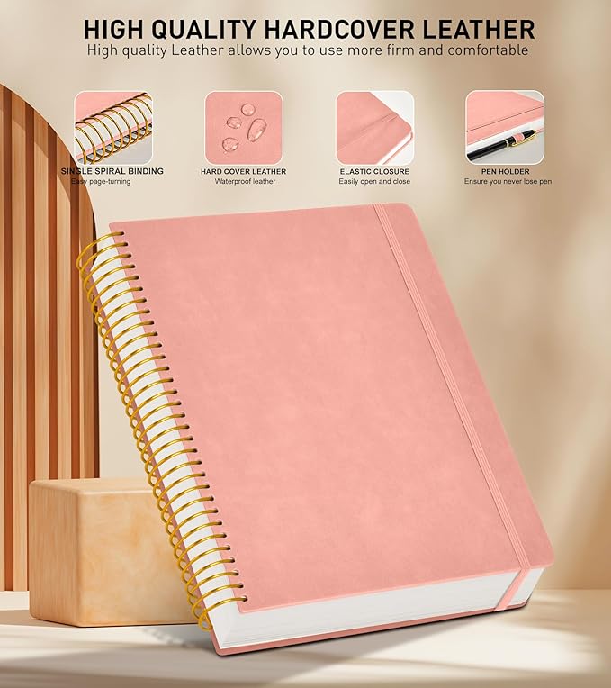 A4 Spiral Notebook Journal 8.5” x 11”, 256 Numbered Pages Hardcover Leather Journals for Women Men, Large Lined College Ruled Notebooks, 100GSM Thick Paper, Spiral Bound Journal for Work School, Pink