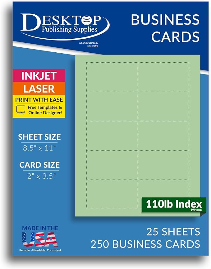 Colored Business Cards - 25 Sheets / 250 Business Cards - Inkjet & Laser - 10 per sheet (Plain Green)