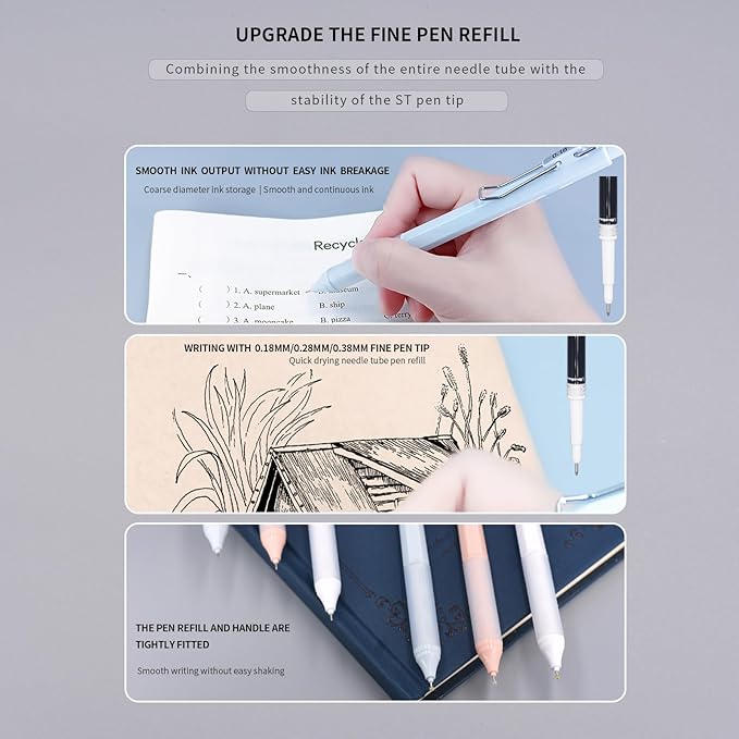 6pcs Gel Pen set, Black Ink Pens 0.18mm /0.28mm / 0.38mm Ultra Fine point Smooth Writing Pens with Silicone Grip, Retractable Cute Pens for Journaling NoteTaking sketching drawing stationery