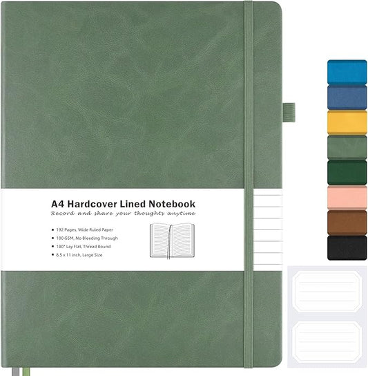 Lined Journal Notebook, 8.5" x 11" Hardcover Leather Notebook for Work, Wide Ruled Notebook Journal for Women Men, 192 Thick Paper, Lay Flat, 2 Pockets, A4 Large Journals for Writing, Green Journal