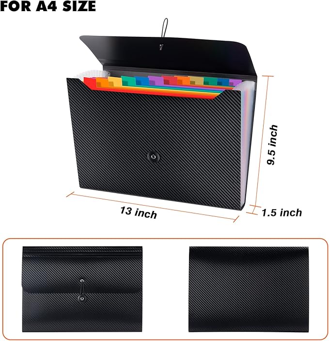 2 PCS Expanding File Folder A4,13 Pockets File Organiser with Colored Tags, Paperwork A4 Plastic Wallet Document Storage Expander for School,Office and Home, Black(Color), 2