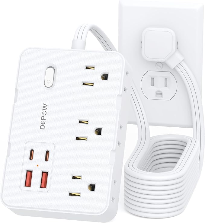 Surge Protector Power Strip with Flat Plug, 10 FT Extension Cord with 6 AC Outlets 4 USB Ports(2 USB-C),1050J Surge Protection, Wall Mountable Charging Station for Office, Home, White