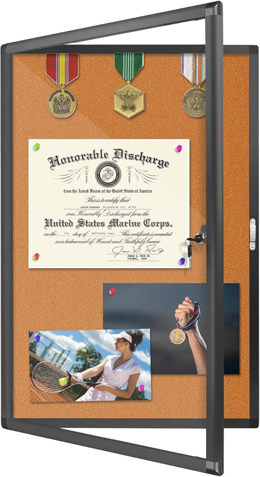 Outdoor Enclosed Bulletin Board, Weatherproof Cork Noticeboard with Clear Acrylic Locking Door, Wall-Mounted Black Aluminum Framed Display Case,36x24in (5xA4)
