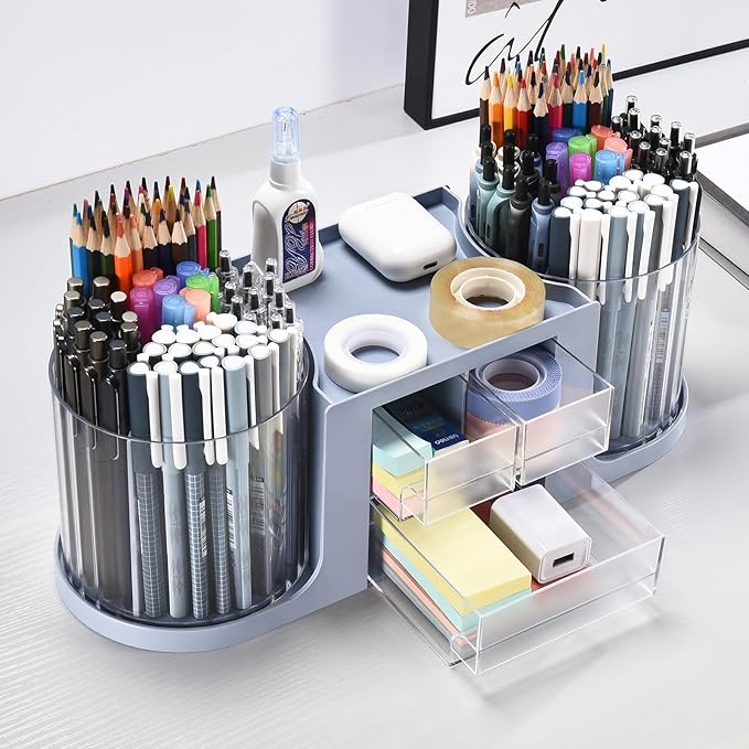 Rotating Desk Organizer with 2 Pen Holder, Desk Organizers and Accessories with 10 Slots Pencil Holder for Desk + 3 Drawer, Art Supply Storage Box Caddy for Office School Home (Blue)