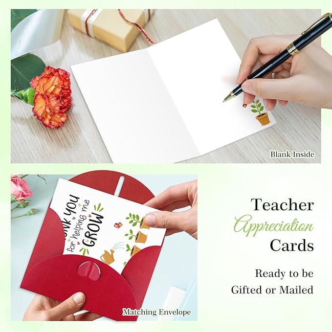 FaCraft Teacher Appreciation Cards, Thank You Cards with Envelopes, 4 x 6, Thank You for Helping Me Grow, for Preschool Kindergarten Teacher Gift Card from Kids Students Daycare (Plant)