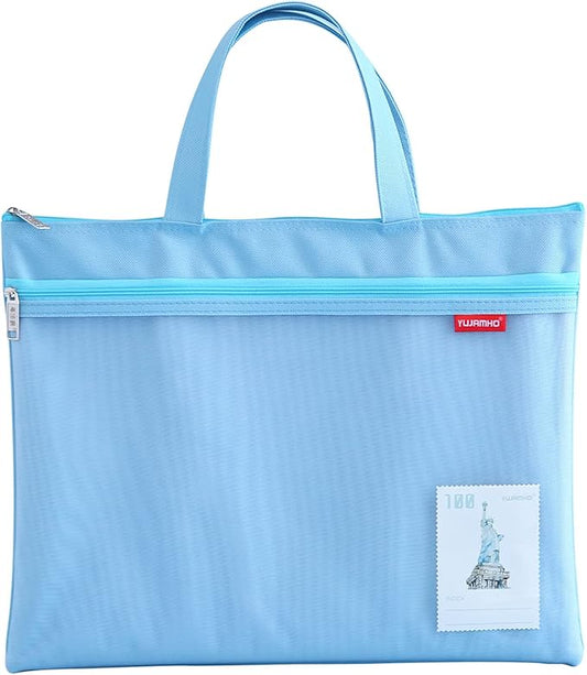 Pendancy Mesh Zipper Pouch 11x13.7 in, Large Double Pocket Waterproof File Bag with Handle, A4 Size Foldable Document Storage for Puzzle Project/Cross Stitch/Travel/Office（Blue）